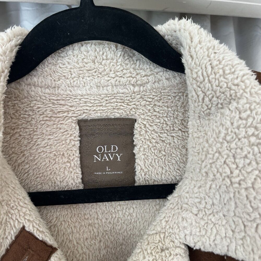Old Navy brown suede like jacket w/ white stitching and faux fur interior Size L - Picture 4 of 6